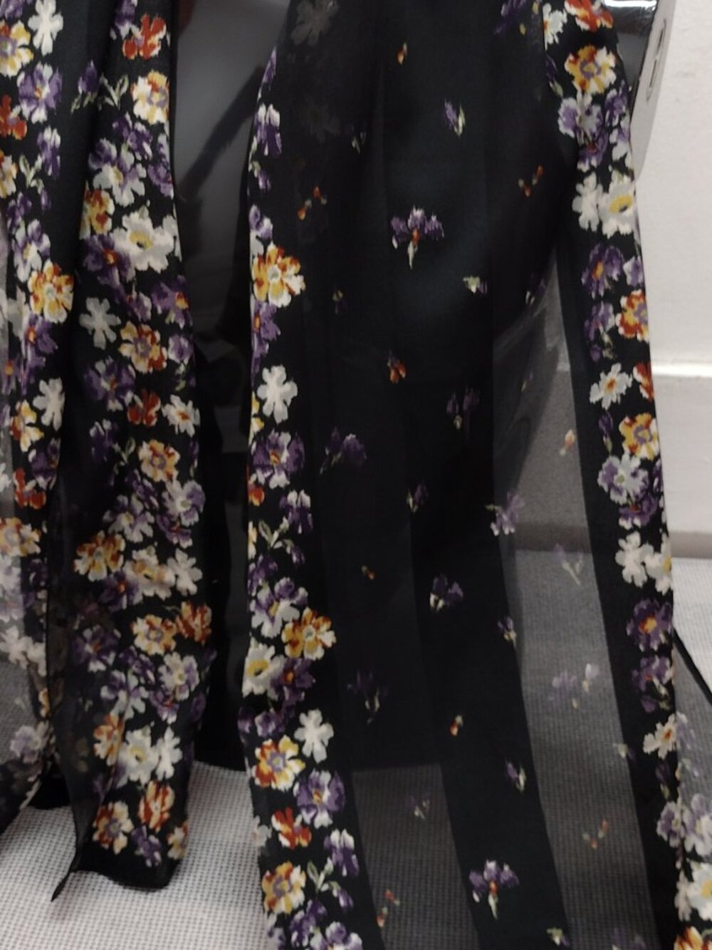 Vintage Laura Ashley Sheer Chiffon Scarf Long Black Purple Floral MADE IN ITALY